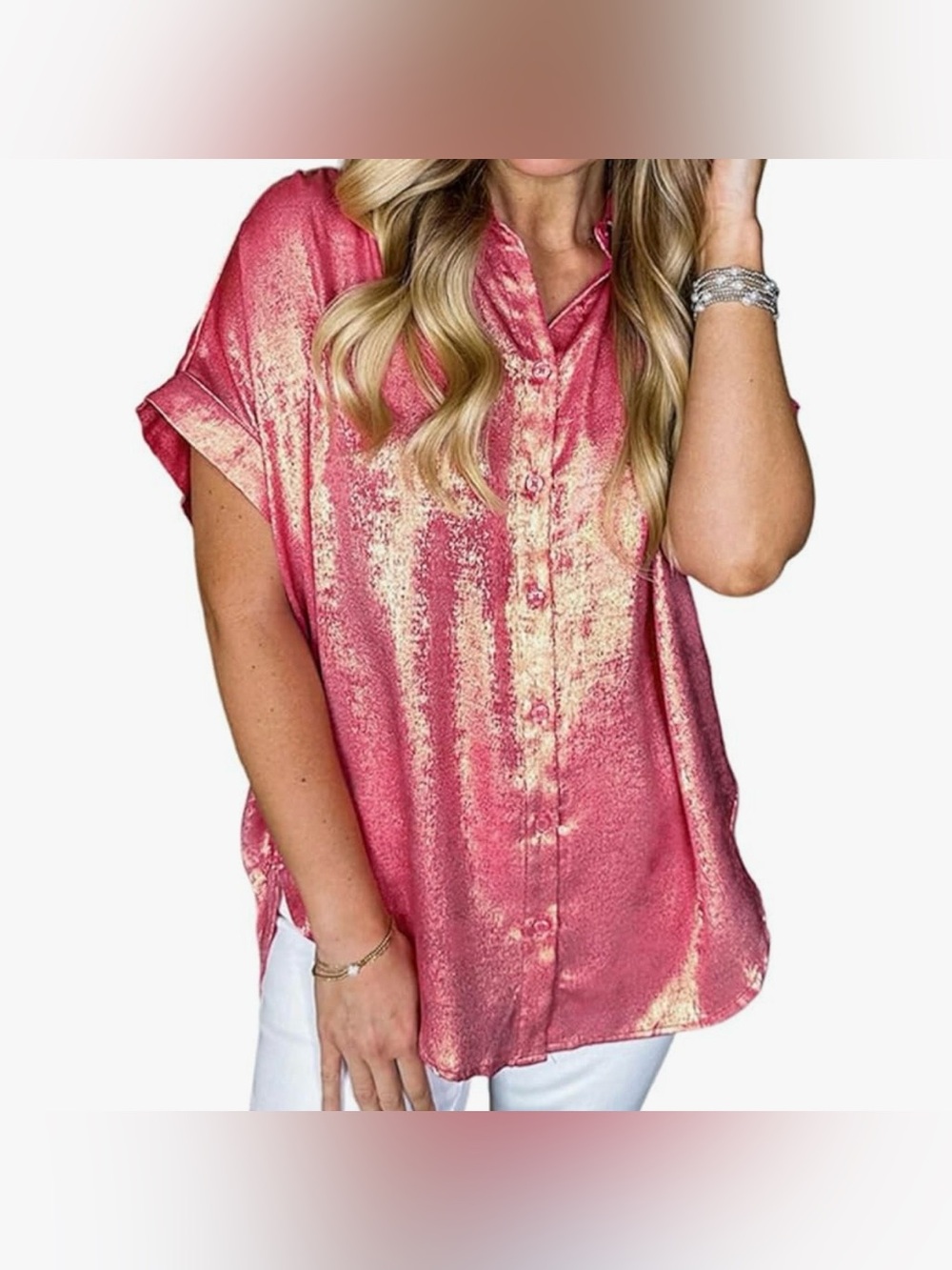 Women's Shimmer Button-Up Blouse in Rose Gold
